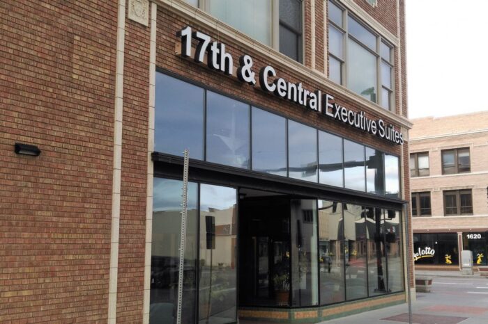 The corner windows of Wyoming Registered Agent in downtown Cheyenne, Wyoming.