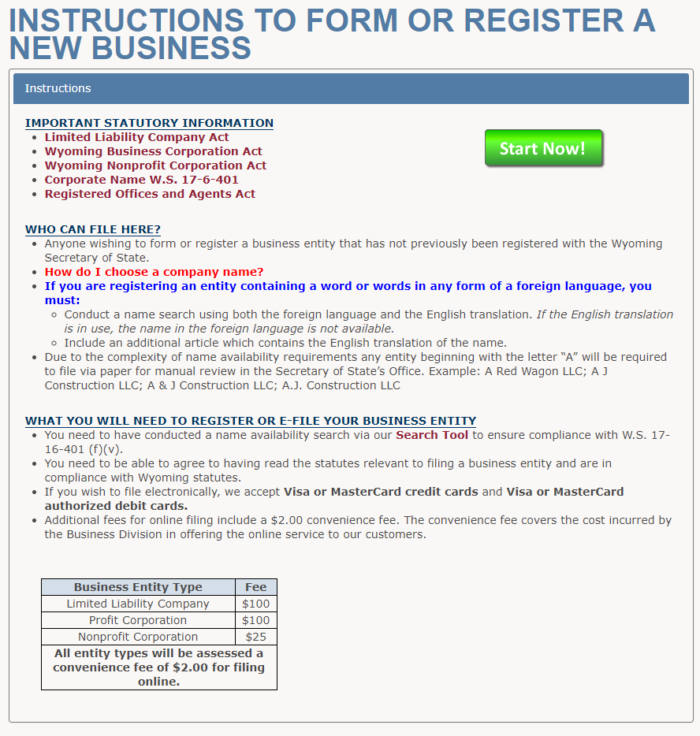 Start a Wyoming LLC, step #2: screenshot of the "Instructions to Form or Register a New Business" window.