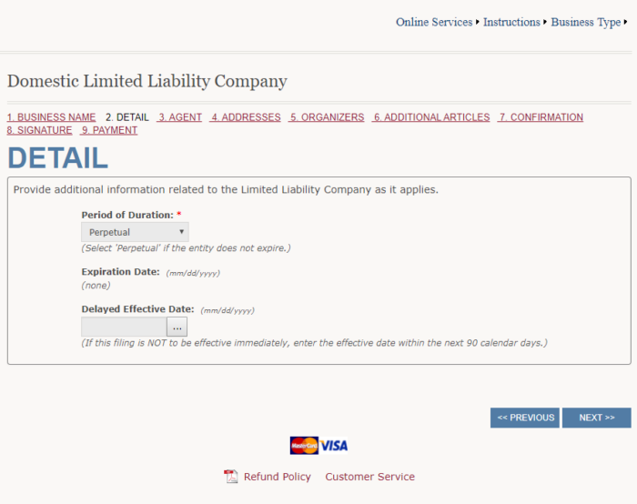 Start a Wyoming LLC, step #5: screenshot of the "Detail" window, which shows Period of Duration.