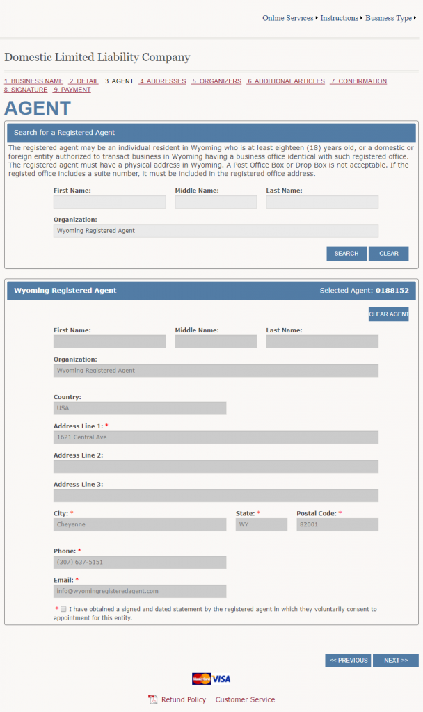 Start a Wyoming LLC, step #6: screenshot of the "Agent" window, which shows registered agent information.