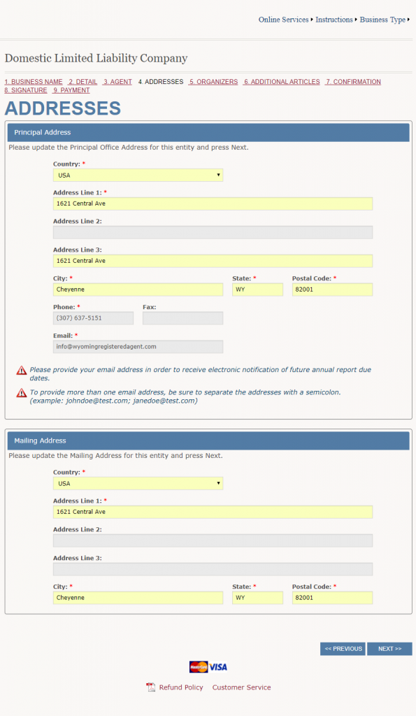 Start a Wyoming LLC, step #7: screenshot of the "Addresses" window.