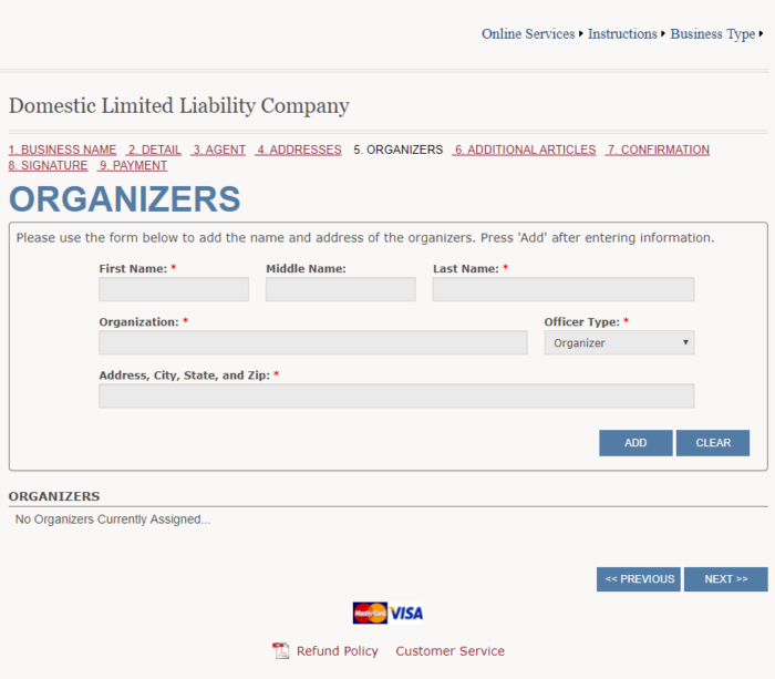 Start a Wyoming LLC, step #8: screenshot of the "Organizers" window.