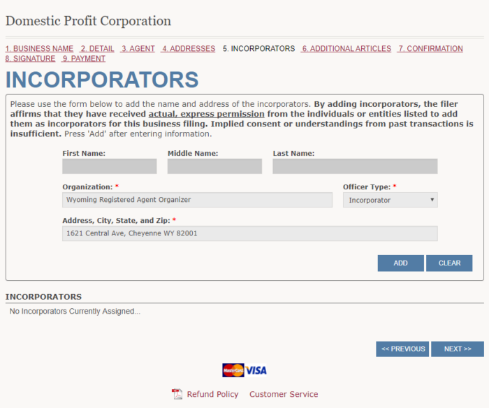 Form a Wyoming Corporation, step #7: screenshot of the "Incorporators" window.