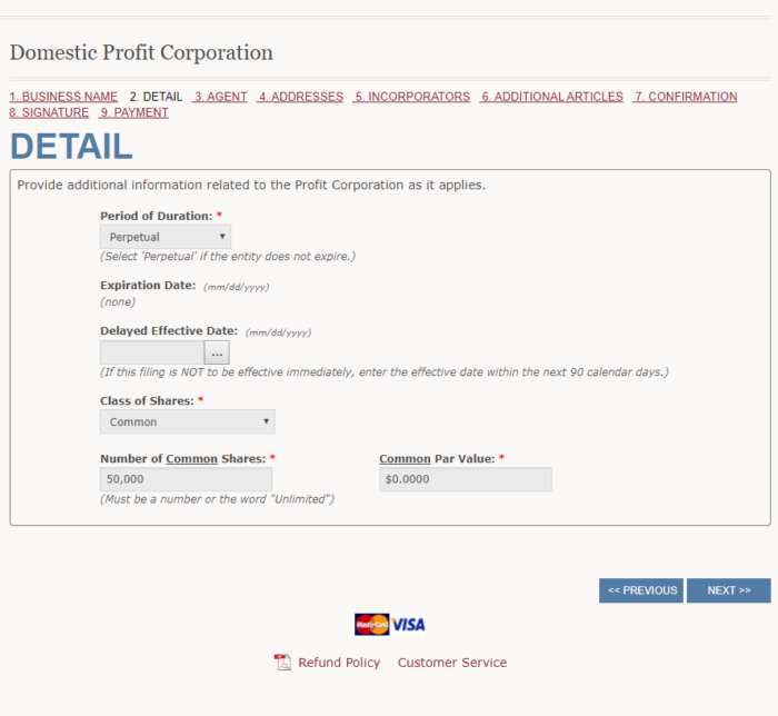 Form a Wyoming Corporation, step #5: screenshot of the "Detail" window, which shows dropdowns for Period of Duration, Class of Shares, "Number of Common Shares," and "Common Par Value."